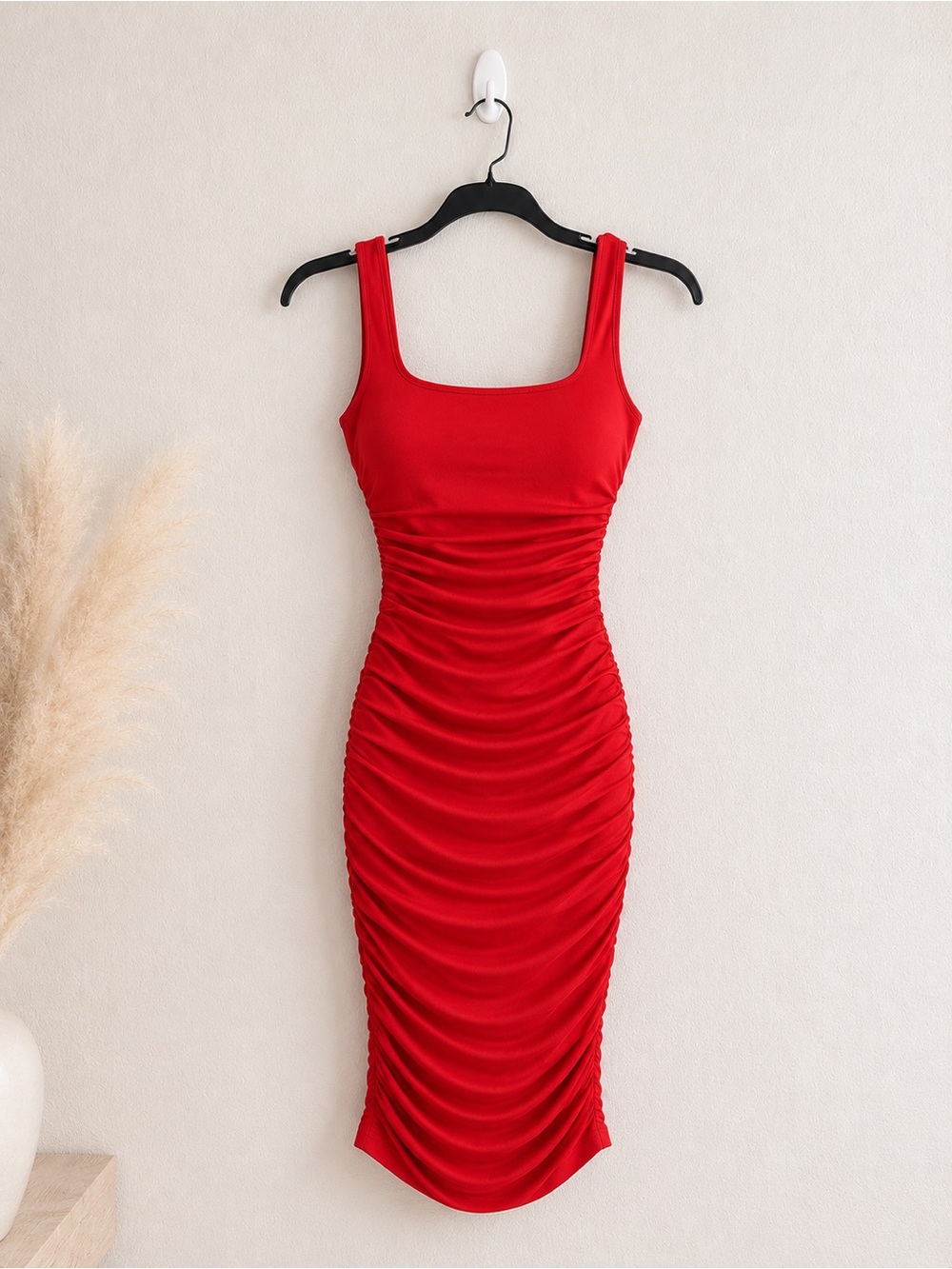 Red Ruched Bodycon Midi Dress | Sleeveless Square Neck | Figure-Flattering